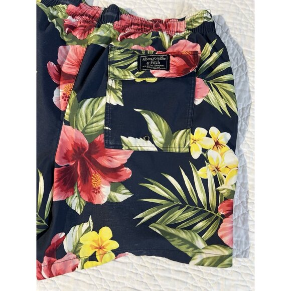 Abercrombie Fitch Mens Swimsuit Medium Navy Pink Floral Hawaiian Board Shorts - Picture 9 of 12